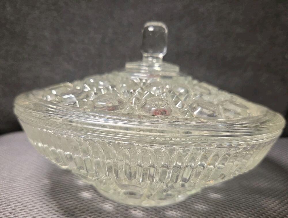 Federal Glass Candy Dish Bowl W/Lid Windsor Button & Cane 7.5"Wx5" TALL-Vintage